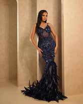 Heavy Industry Beads Feather Evening Dress Socialite Long Strap Dress